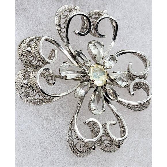 BROOCH/PIN-AM LEE-Vintage-Filigree-Sterling-Rhinestones - Picture 5 of 12